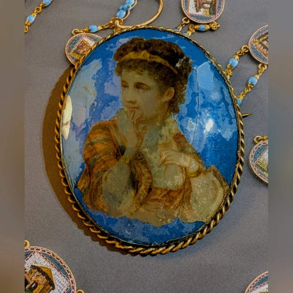 Large 1850s Antique Convex Glass Hand Painted Brooch